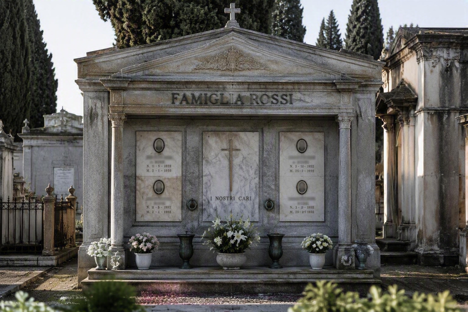 Tomba di famiglia in marmo all'interno di un cimitero monumentale
